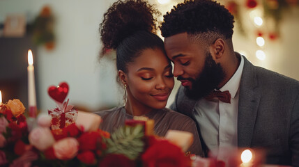 Romantic African American Couple Celebrating Valentine's Day Surrounded by Flowers and Candles. Concept of Love, Romance, Intimacy, and Special Occasions