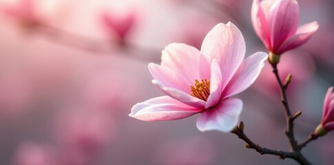 Delicate pink magnolia blossoms on a branch, soft spring light , peaceful, bloom