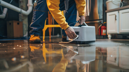 worker using dehumidifier in flooded basement, showcasing water removal efforts