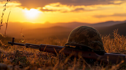 Silhouette of a Soldier with Helmet and Rifle at Sunset in a Peaceful Meadow. Concept of Military Honor, War Remembrance, Vietnam Veterans Day. Copy space. Copy space