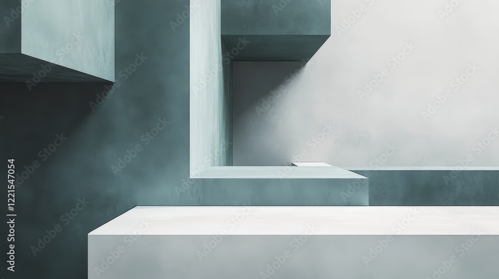 Poster a modern architectural abstract featuring geometric shapes and a calming color palette of blue and w