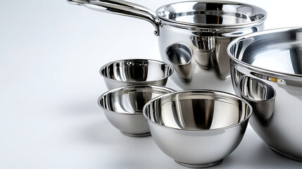 A set of shiny silver bowls and pans are displayed on a white background. generated using AI