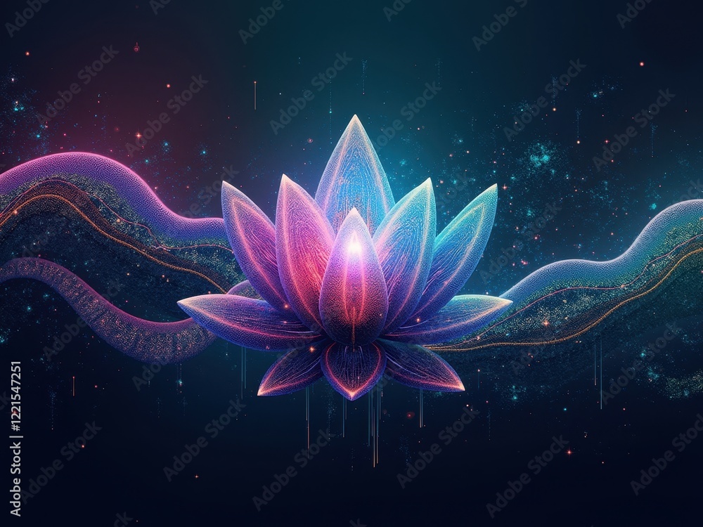 Poster colorful digital lotus flower surrounded by flowing patterns in a cosmic space setting showcasing tr