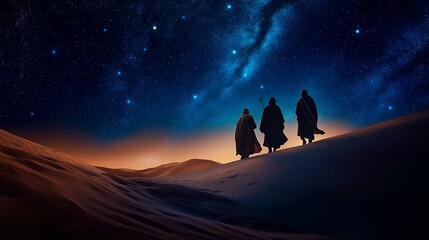 three people are walking through the desert. the night sky with the moon.