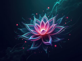 Obraz premium Vibrant digital artwork featuring a glowing lotus flower radiating an energetic aura in a dark backdrop filled with luminous particles