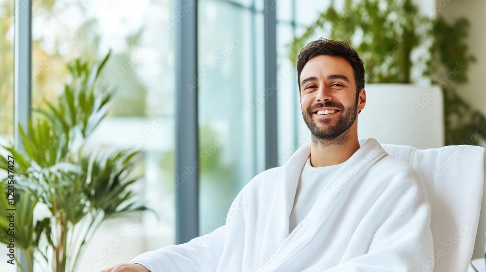 Poster happy caucasian man in his 30s is seated in a bright spa lounge with a towel draped over his shoulde