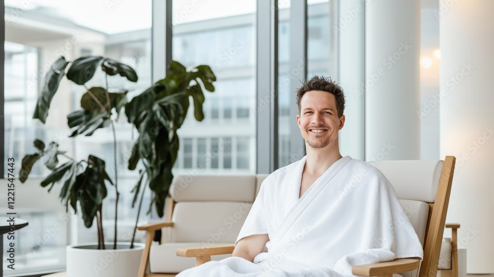 Poster a man in his 30s relaxes contentedly in a minimalist spa lounge. dressed in a white towel and smilin