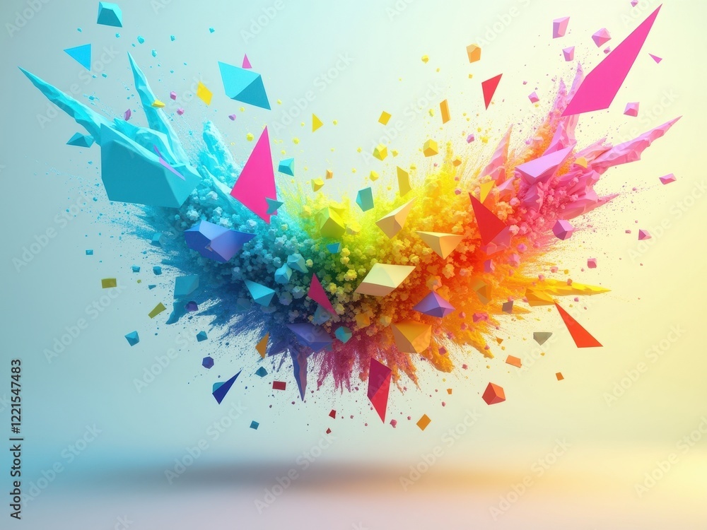 Poster vibrant explosion of color and geometric shapes creating an abstract digital artwork showcasing dyna