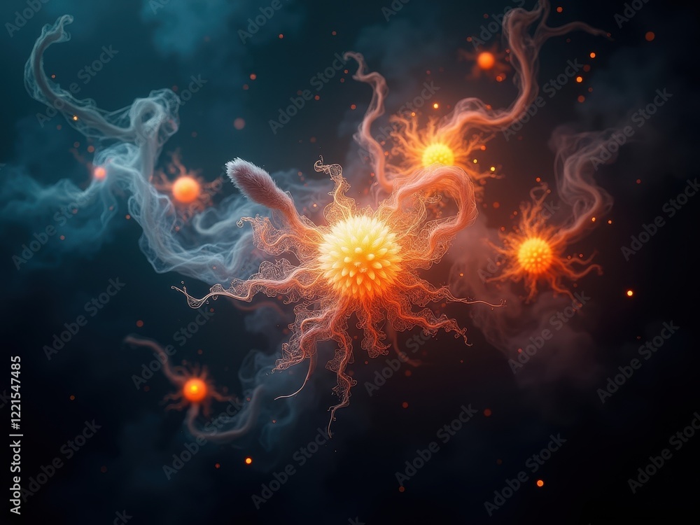 Aufkleber conceptual digital artwork showcasing vibrant microorganisms floating in a colorful abstract environ