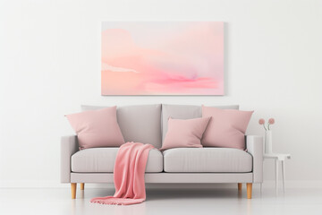 Grey Sofa with Pink Pillows in Contemporary Living Room Featuring Abstract Art and Modern Design Aesthetic