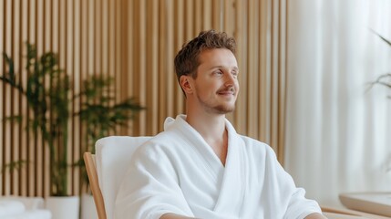 A content young man sits in a serene spa lounge dressed in a towel basking in soft natural light. The minimalist decor enhances the relaxing atmosphere inviting tranquility