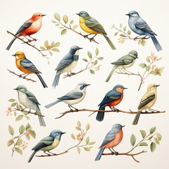Watercolor style illustrations of various colorful birds on branches for nature art and decor