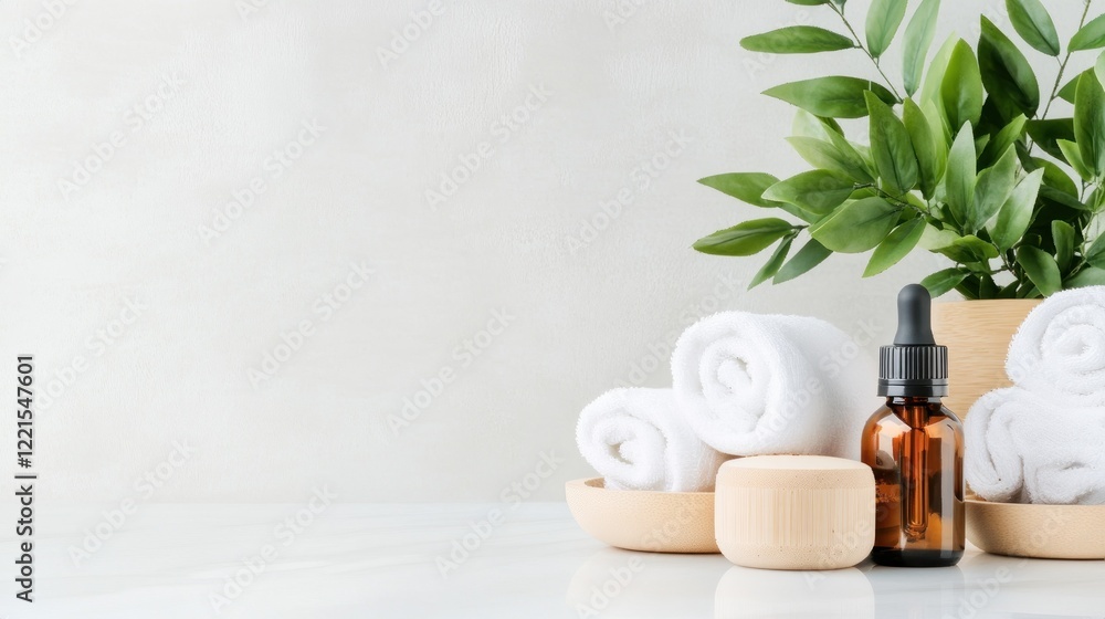 Poster a serene spa room corner features white towels neatly arranged with essential oils and potted plants