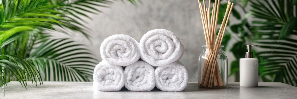 Poster soft white towels are neatly rolled accompanied by bamboo sticks creating a calming spa environment.