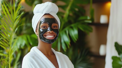 In a serene spa environment a cheerful young woman in her 20s revels in a spa day. Dressed in a fluffy white robe and adorned with a charcoal facial mask she embodies relaxation and self-care