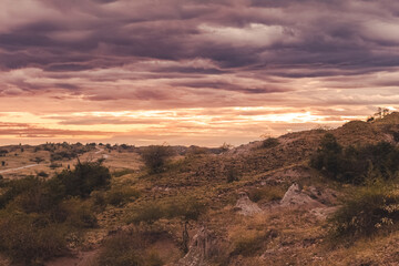 Panorama of the Tatacoa desert with a morning light. Dunes, bushes, sand, dry arid earth, cactus, clouds, sunset in the horizon. Villavieja, Huila, Colombia,