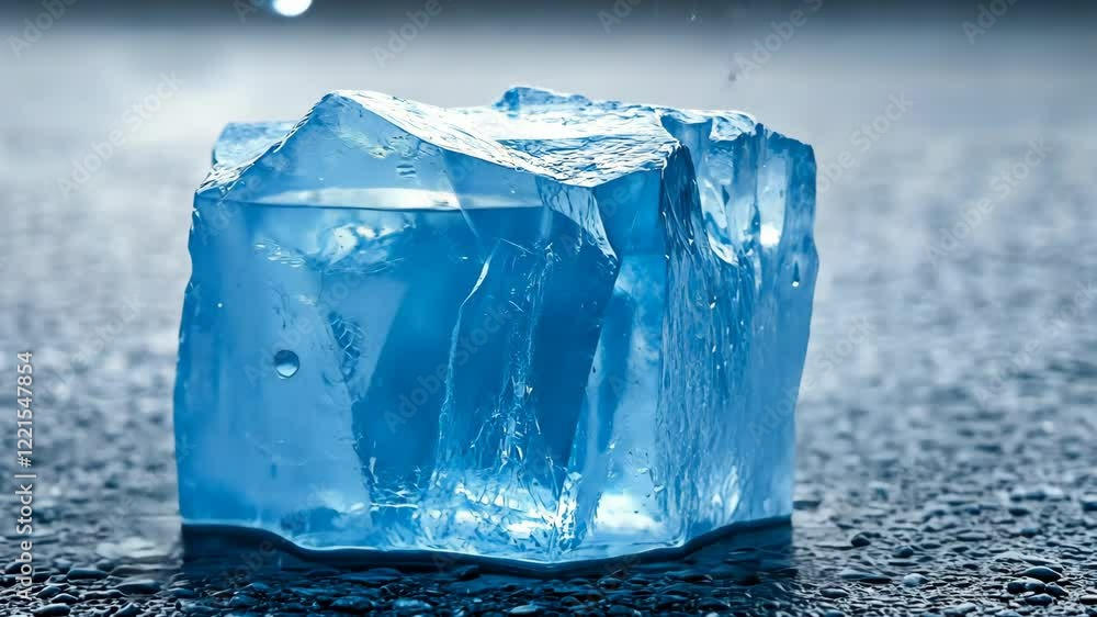 Poster bright blue ice cube rests on a wet surface with droplets of water capturing light and reflecting co