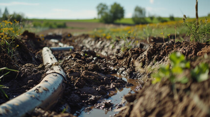 Obraz premium Close up of healthy soil with septic drain field and water flow