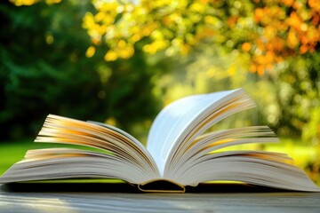 Naklejka premium An open book resting on a wooden table, perfect for use in educational or office settings