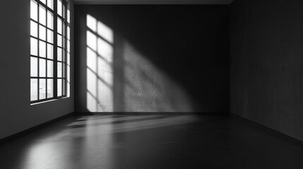 Obraz premium Sunlight Streams Through a Window in a Minimalistic Room, Creating Shadows on the Concrete Floor and Highlighting the Empty Space