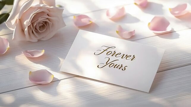 Elegant Handwritten Message Forever Yours with Pink Rose Petals on a Wooden Table, Symbolizing Love, Romance, and Commitment