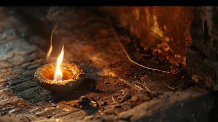 cozy ambiance created by gently flickering flame in rustic setting