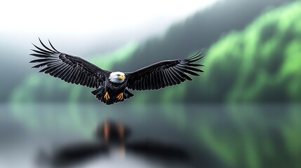 Bald eagle soaring over misty lake, green hills background