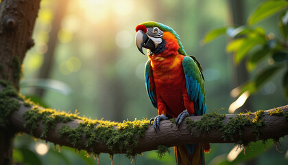 Obraz premium Colorful parrot sitting on a branch in a bright, vibrant forest with sunlight background