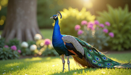 Obraz premium Majestic peacock standing proudly in a vibrant garden with sunlight and flowers
