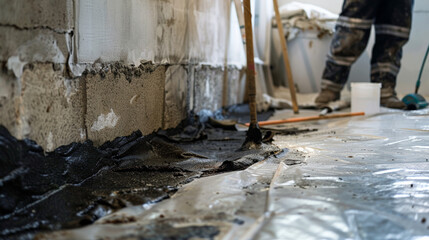 Sealing basement leak with worker applying waterproof material