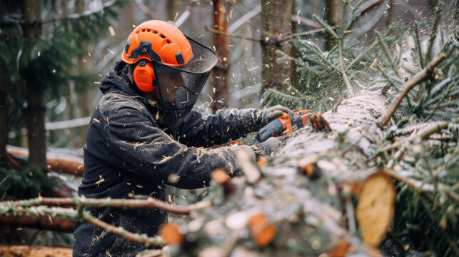 worker in protective gear cuts fallen tree with chainsaw in forest