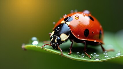 Macro photography of a ladybug with dew drops on a green stem	