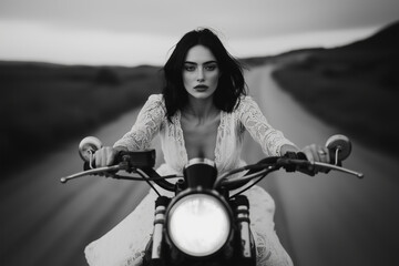 Obraz premium A woman in a white dress riding a motorcycle down a road. Black and white photography. A captivating image that exudes strength, grace, and independence.
