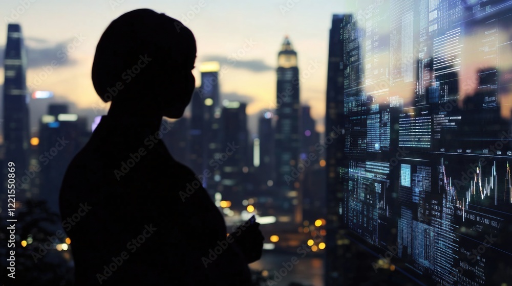 Poster a person standing in front of a large screen with information or presentation displayed