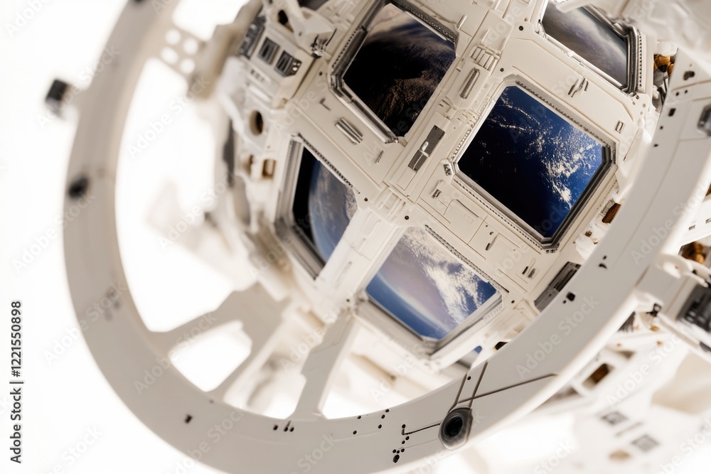 Poster astronauts observe the curvature of the earth from within a space station