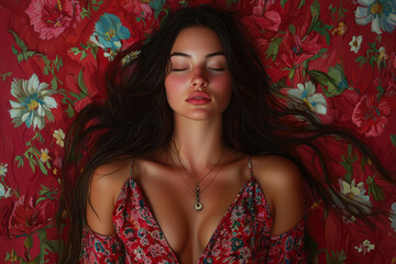Serene Woman in Red Floral Dress: A Dreamlike Portrait Painting