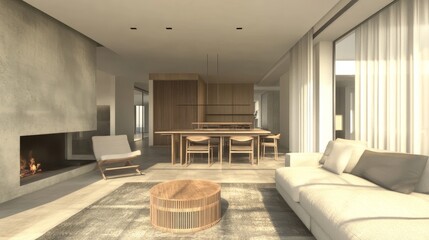 Modern Living Room in a Sunlit Apartment Featuring Minimalistic Design Elements and an Open Kitchen