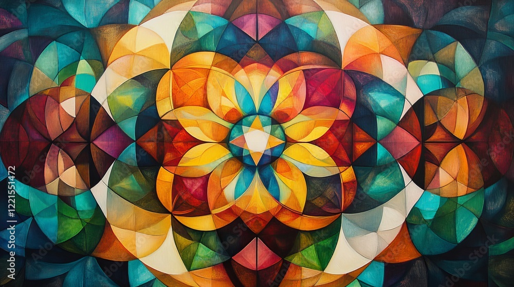 Poster an intricate and vibrant artwork featuring radial symmetry, composed of overlapping circles in diver