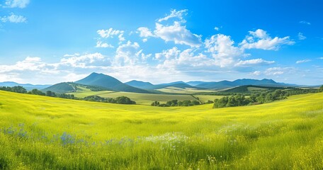 Obraz premium A bright, sunny day with a blue sky and white clouds, a green meadow full of wildflowers in the foreground, rolling hills in the background, and mountains under a clear sun on the horizon.