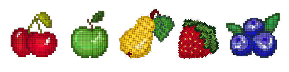 Fototapeta premium A set of pixel art fruits icons, pixel art, set of icons, game assets, pixelated graphics. 