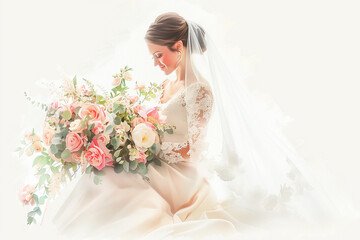 Naklejka premium Elegant Bride in Luxurious White Gown Painted in Watercolor Style, Graceful and Timeless Wedding Portrait Concept