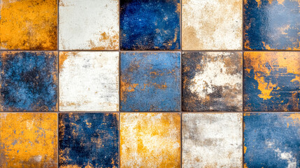 Vintage printed tiles showing a worn look, reminiscent of ancient times, creating a checkerboard pattern