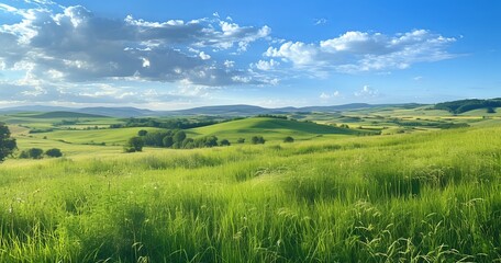 Obraz premium A bright, sunny day with a blue sky and white clouds, a green meadow full of wildflowers in the foreground, rolling hills in the background, and mountains under a clear sun on the horizon.