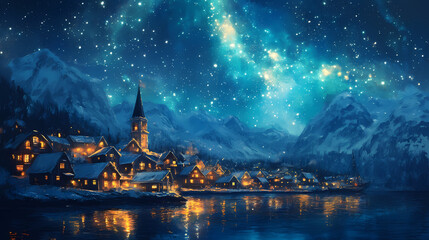 Fototapeta premium Nightfall harbor town under celestial aurora. Heavenly Harbor. Illustration