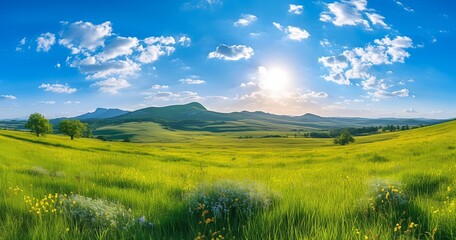 Obraz premium A bright, sunny day with a blue sky and white clouds, a green meadow full of wildflowers in the foreground, rolling hills in the background, and mountains under a clear sun on the horizon.