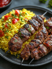 Persian-Mexican fusion tacos featuring saffron rice and grilled kebabs