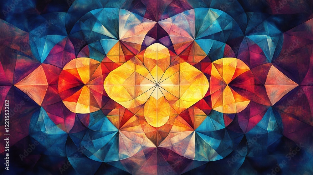 Aufkleber this image presents an intricate geometric kaleidoscope pattern, merging varying hues with precise s