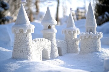 A winter scene with a snow castle sitting in the snow