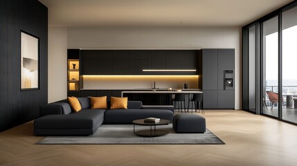 Modern Luxury Apartment with Mockup Poster Frame Showcasing Contemporary Kitchen and Dining Room