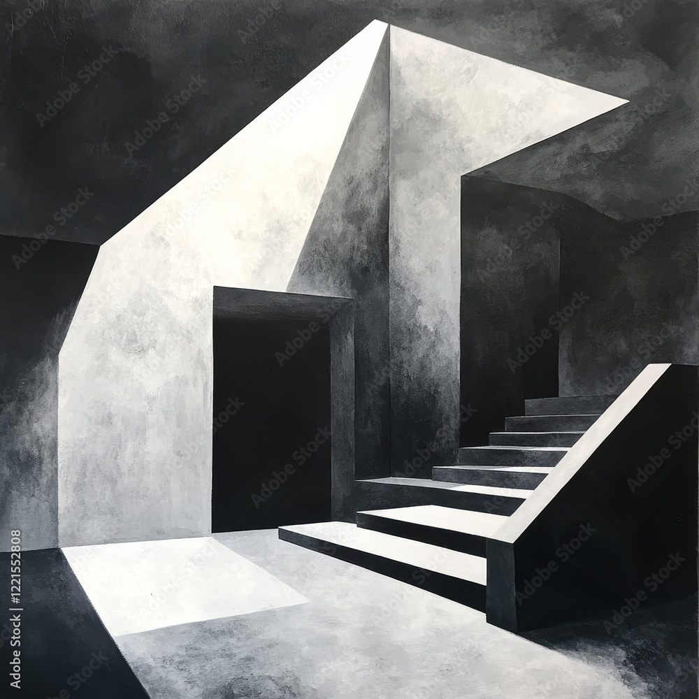 Poster a striking architectural abstract that explores the interplay of light and shadow on a staircase, cr